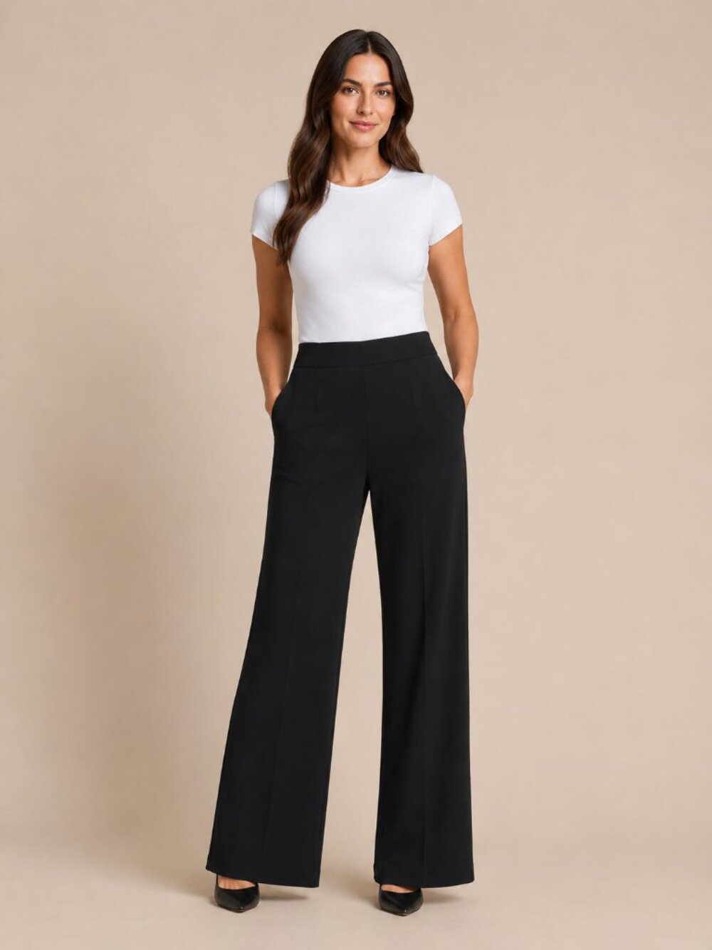 SPANX Perfect Wide Leg Pants Black Petite Medium Pull On Stretch Trousers